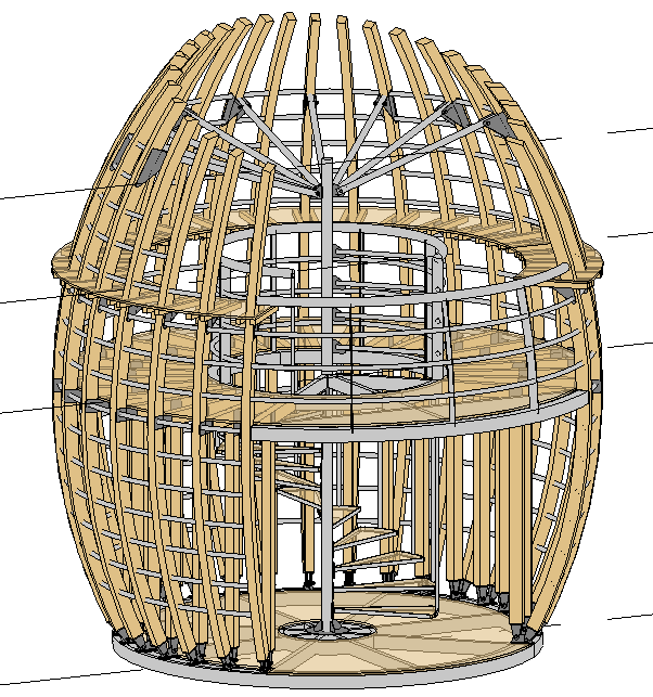 Structural design of a complex structural system in steel and timber (photo shows the BIM model developed by KGroup) – Nafplio, Greece